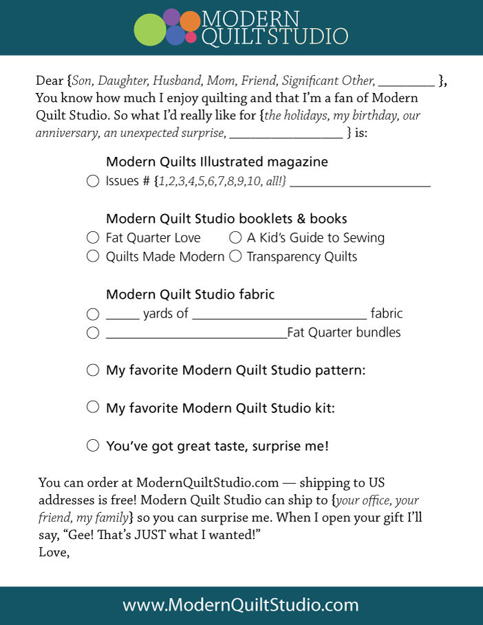 Modern Quilt Studio Gift suggestion card